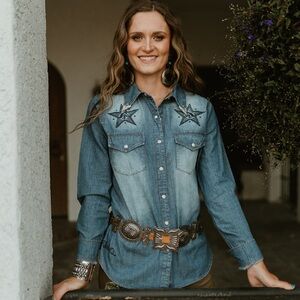 Rodeo Quincy American Mustang Button Up- Denim Shirt with Star Embroidery